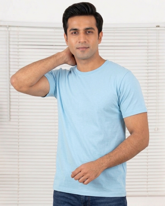 Men Soft Pure Cotton Round Neck Half Sleeve Tshirt - Sky Blue SavigStyle