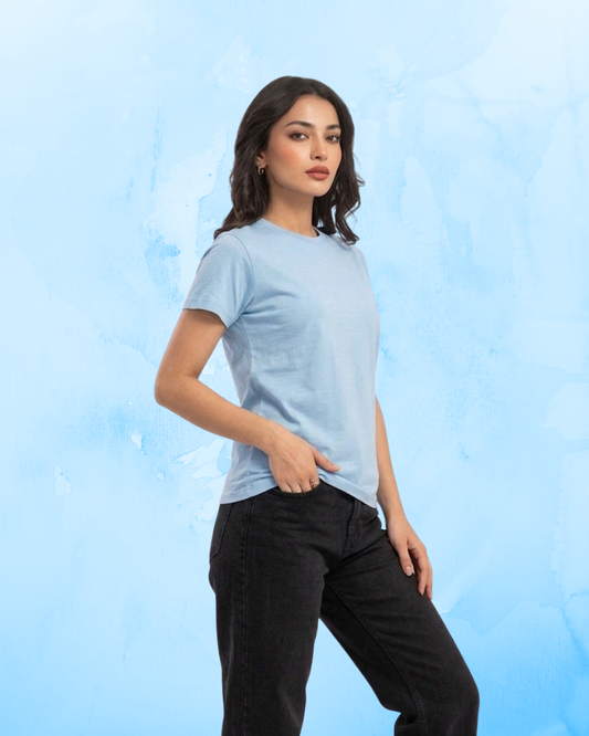 Women Soft Pure Cotton Round Neck Half Sleeve Tshirt - Sky Blue SavigStyle