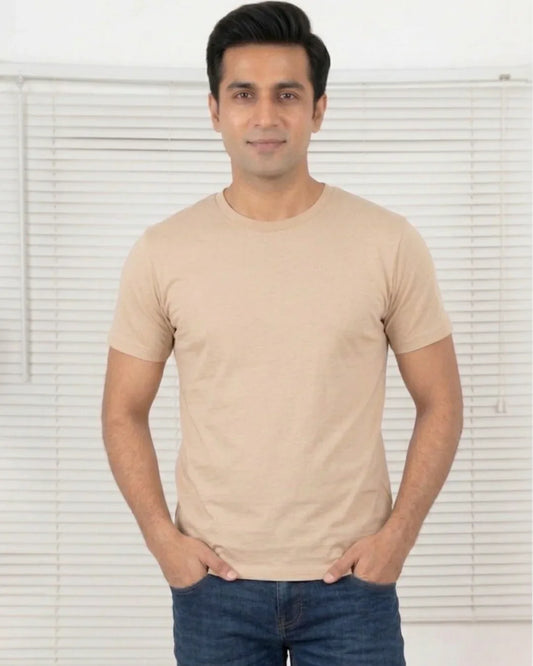 Men Soft Pure Cotton Round Neck Half Sleeve Tshirt - Beige SavigStyle