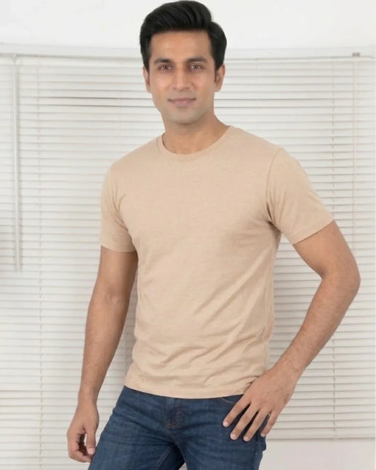 Men Soft Pure Cotton Round Neck Half Sleeve Tshirt - Beige SavigStyle