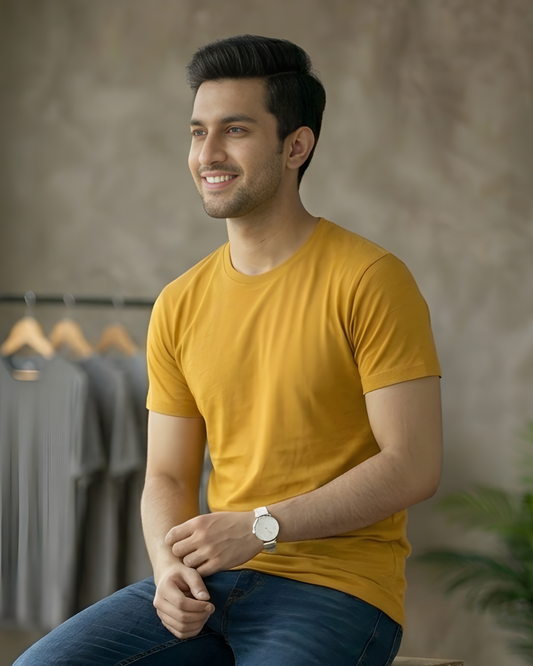 Men Mustard Cotton T-Shirt Slim Fit Casual | 100% Cotton Round Neck Tee SavigStyle