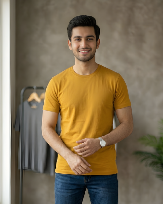 Men Mustard Cotton T-Shirt Slim Fit Casual | 100% Cotton Round Neck Tee SavigStyle