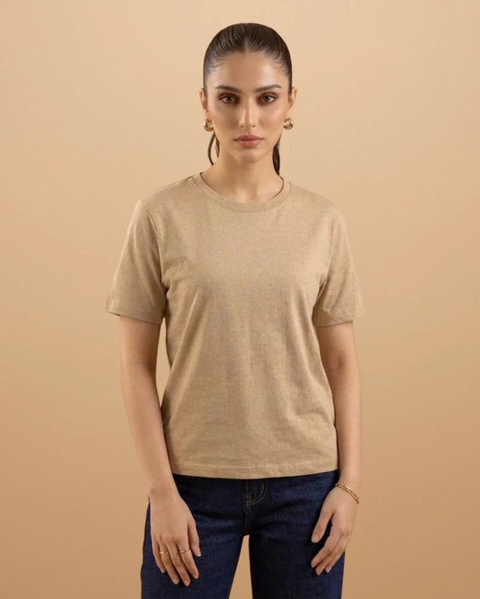 Women Soft Pure Cotton Round Neck Half Sleeve Tshirt - Beige SavigStyle