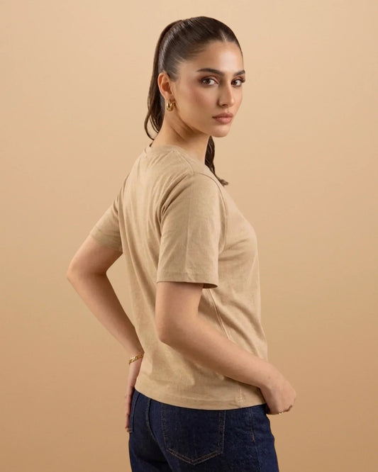 Women Soft Pure Cotton Round Neck Half Sleeve Tshirt - Beige SavigStyle