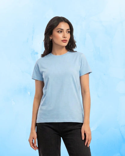 Women Soft Pure Cotton Round Neck Half Sleeve Tshirt - Sky Blue SavigStyle