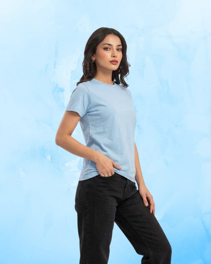 Women Soft Pure Cotton Round Neck Half Sleeve Tshirt - Sky Blue SavigStyle